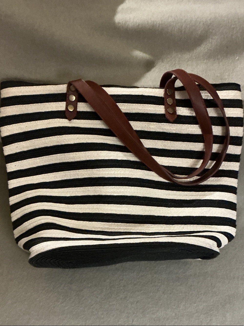 Striped Black & White Canvas Tote with Brown Leather Handles